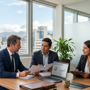 Tres profesionales de negocios (italiano y ecuatoriano) en una reunión de consultoría estratégica alrededor de una mesa de trabajo con laptop y documentos, en una oficina moderna con vista a la ciudad de Quito.