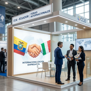 Stand corporativo moderno de la CCIE en una feria internacional, con banners de internacionalización empresarial, banderas de Italia y Ecuador, y profesionales conversando.