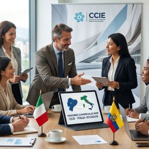 Misión comercial de la CCIE con profesionales en una mesa de trabajo, banderas de Italia y Ecuador, y una tablet que muestra la conexión comercial entre ambos países.