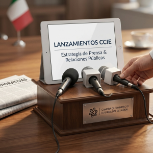 Servicio de lanzamiento de productos y estrategia de prensa de la Cámara de Comercio Italiana del Ecuador con micrófonos corporativos y medios digitales.