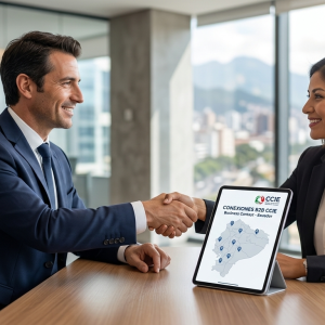 Apretón de manos profesional en oficina corporativa con tablet mostrando mapa de conexiones comerciales en Ecuador para el servicio Business Contact.