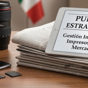 Composición de medios impresos, dispositivos digitales y equipo profesional para servicios de publicidad estratégica en Ecuador.